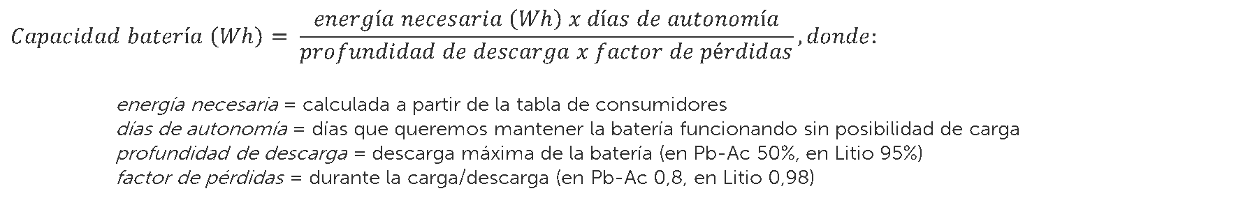 fórmula para el cálculo de batería
